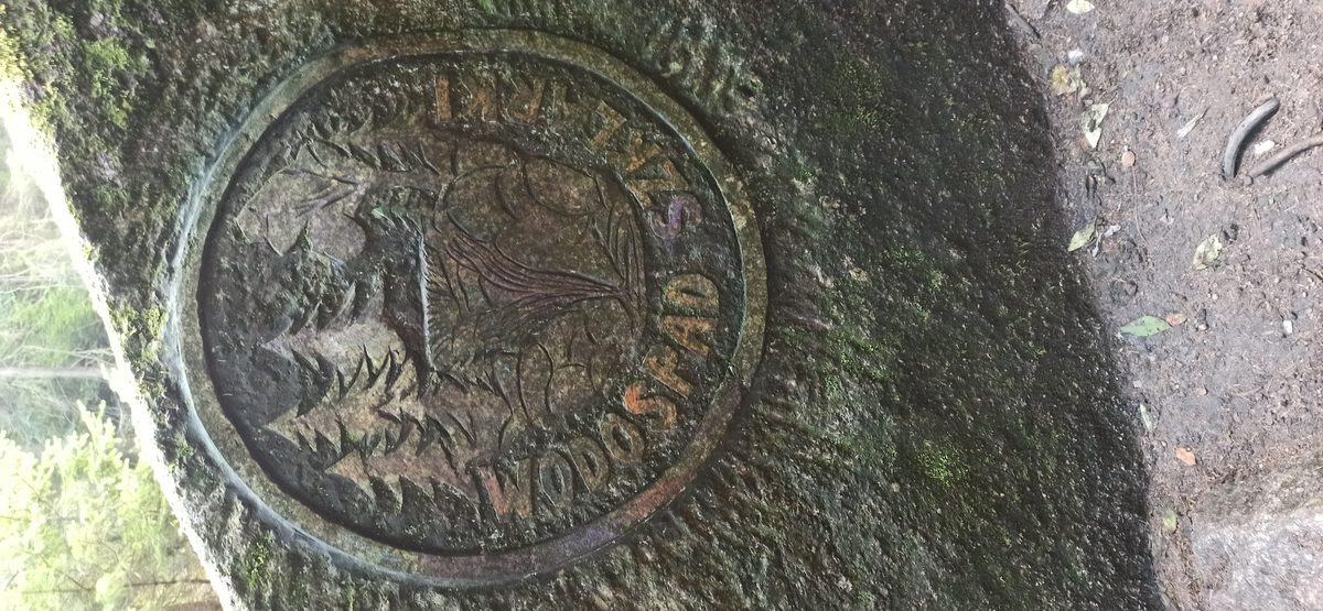 Okrągła metalowa plakieta wtopiona w omszały kamień, napis „SZKLARKI WODOSPAD” wokół reliefu ptaka, wilgotne otoczenie, cień.